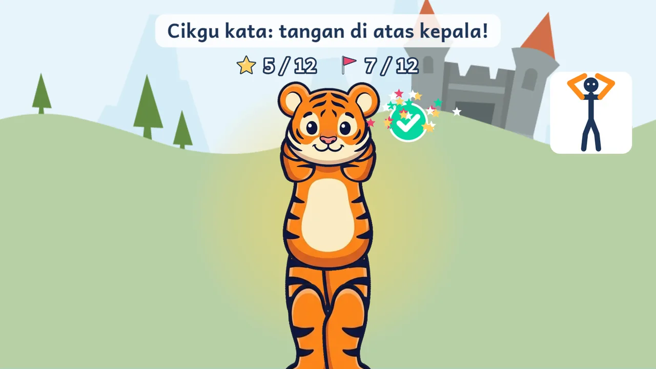 Permainan Cikgu Kata: anak harimau di TV meletakkan tangan di atas kepala